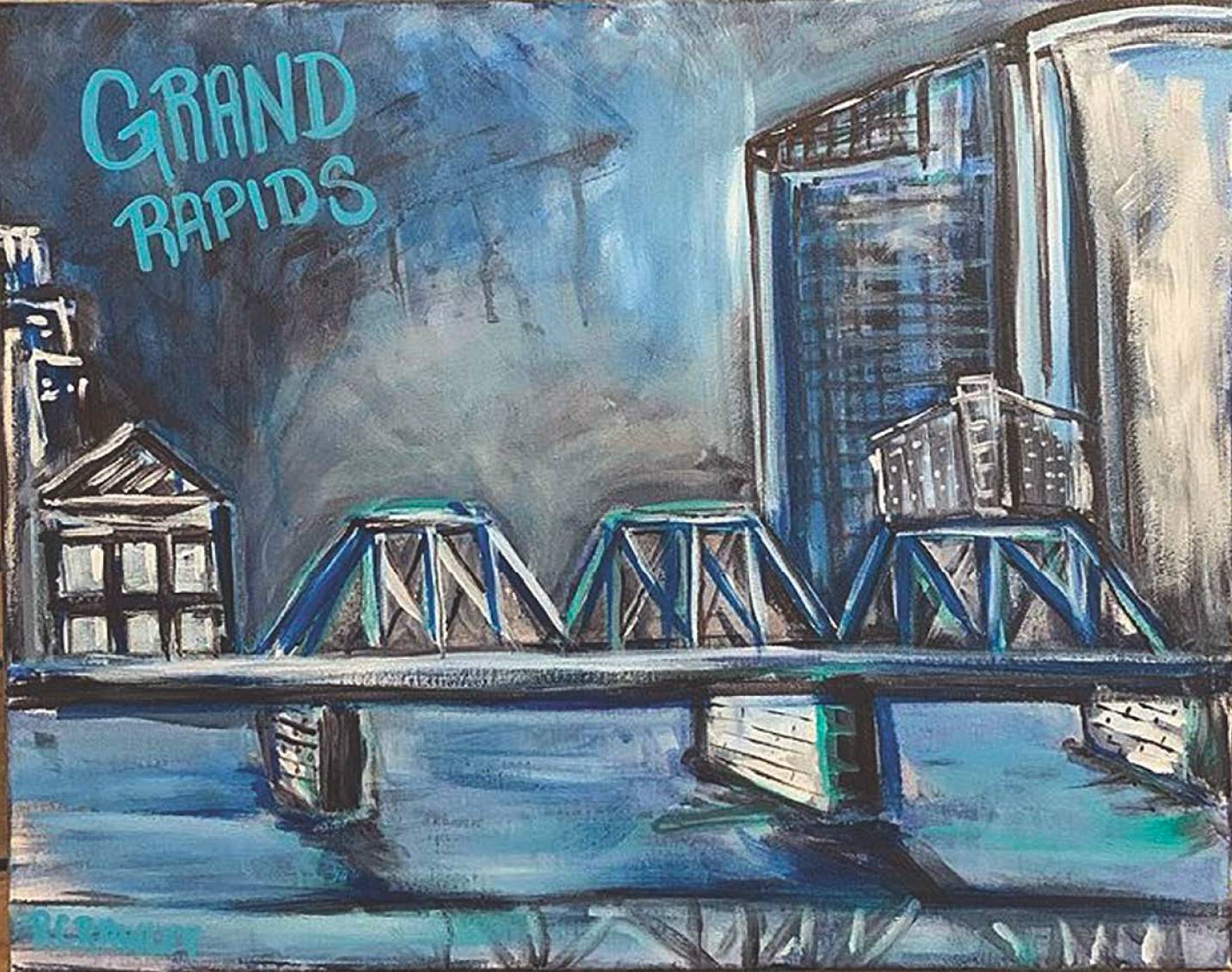 Painted cityscape of the blue bridge and other buildings in Grand Rapids.